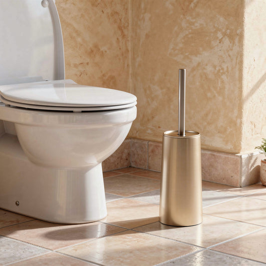 Champagne gold Nordic toilet brush and holder next to a toilet – view 2