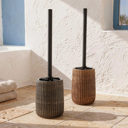 Ribbed ceramic toilet brush holders in terracotta and stone
