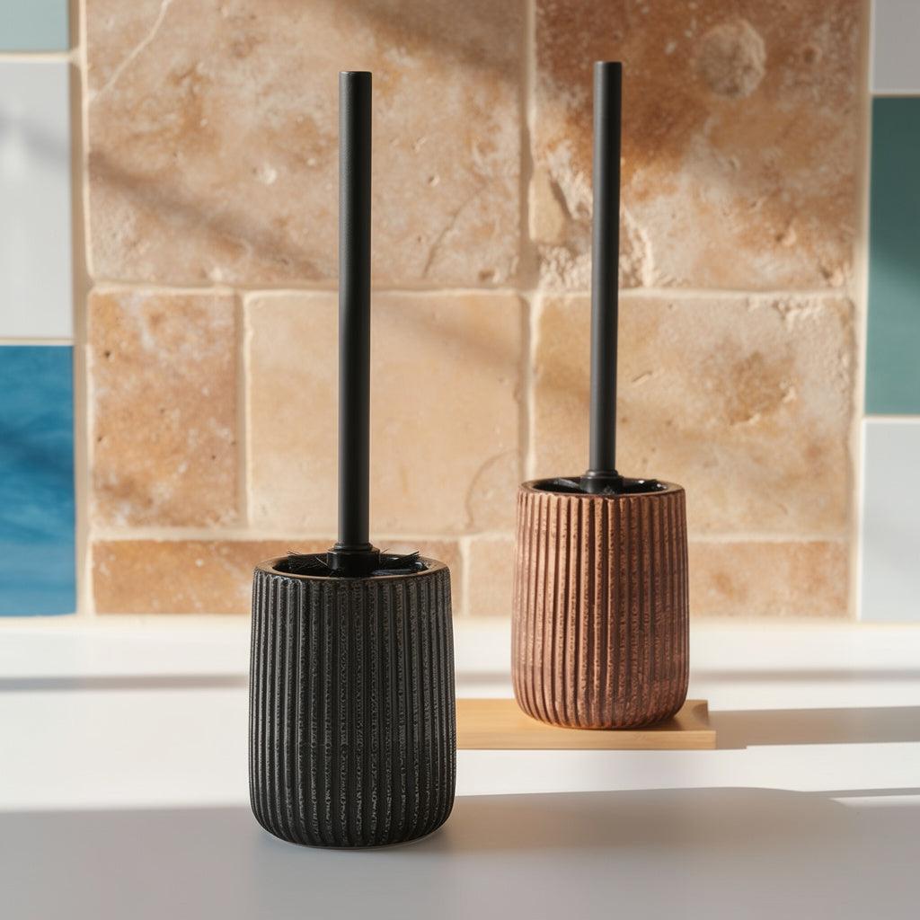 Ribbed ceramic toilet brush holders in terracotta and stone – view 2