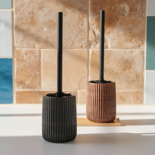 Ribbed ceramic toilet brush holders in terracotta and stone – view 2