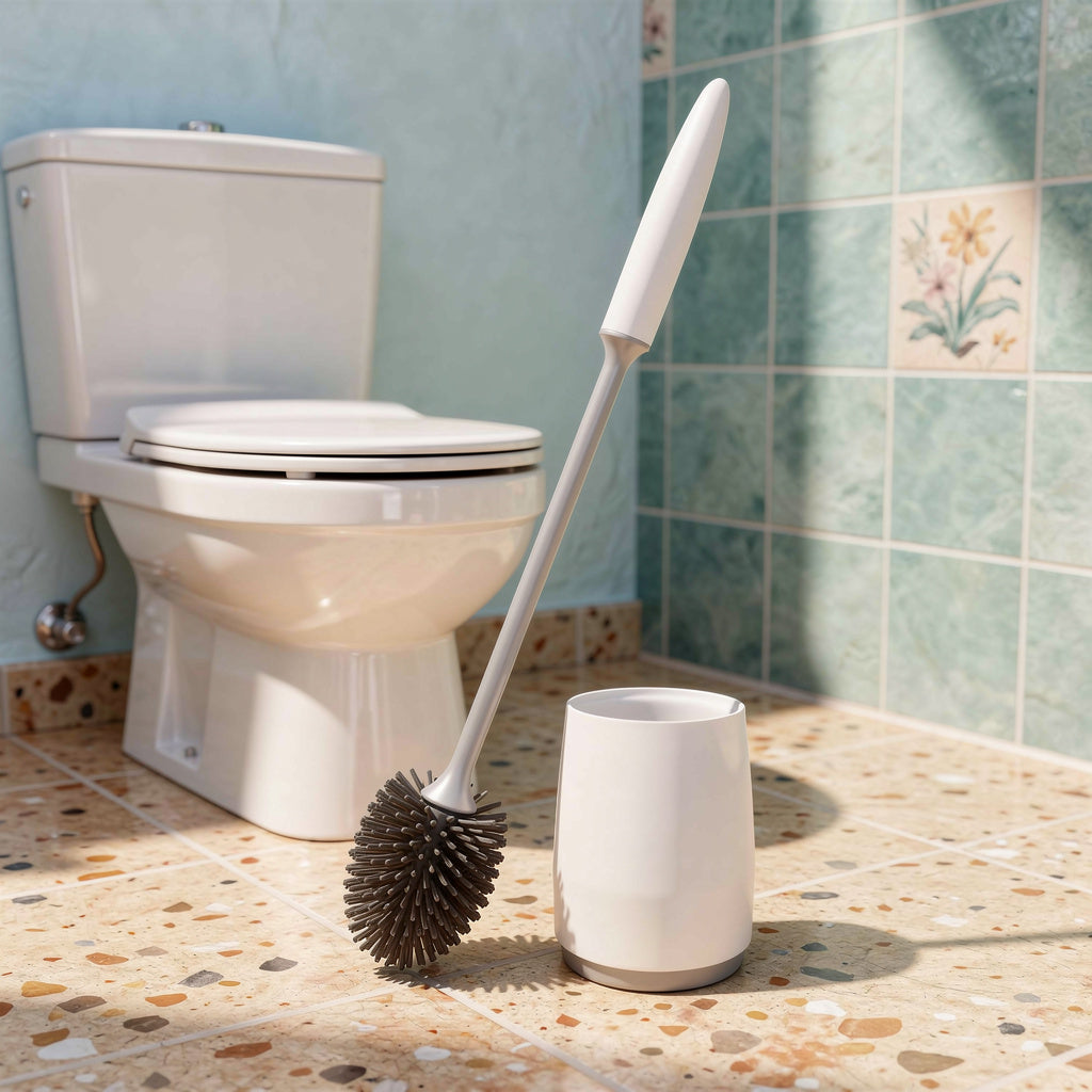 White silicone toilet brush and holder next to a toilet – view 2