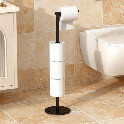 Black free-standing toilet paper stand beside a toilet