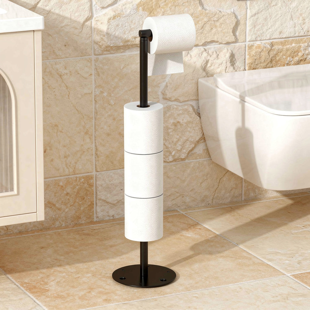 Black free-standing toilet paper stand beside a toilet – view 2