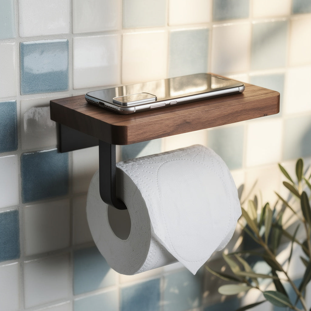 Wooden toilet roll holder with phone shelf on Mediterranean tiles