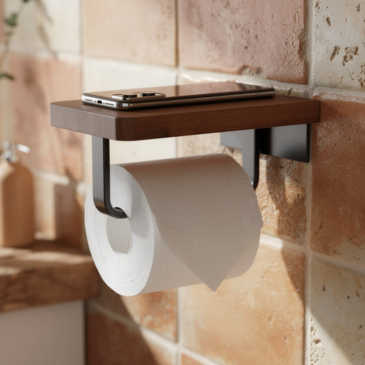 Walnut toilet paper holder with shelf on a terracotta wall